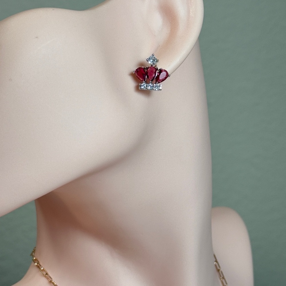 ⚜️ Chic Red and Silver Crown Earrings With  Cubic Zirconia 💎❤️‍🔥 - Picture 7 of 7